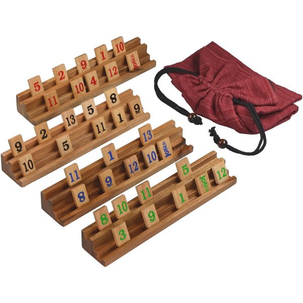 LOGOPLAY Spiel Rummy im Stoffbeutel, Gesellschaftsspiel, Rummy Okey Strategisches Legespiel aus edlem Holz für 2 bis 4 Spieler