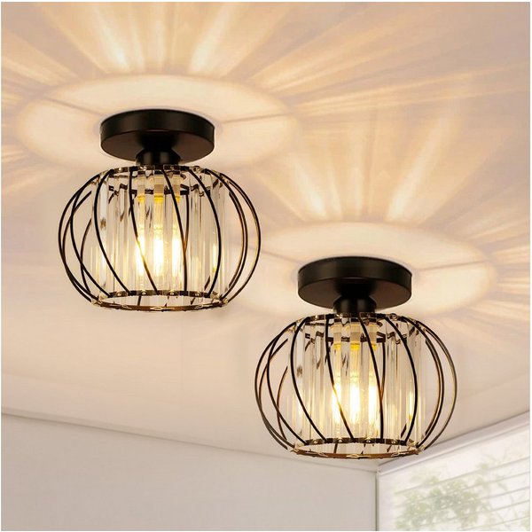 LOHAS-LED Deckenleuchte 2er-Set moderne Kristalldeckenlampe, runde schwarze Deckenlampe, ohne Leuchtmittel, E26 Kristallkronleuchterlampe für Flur, Schlafzimmer