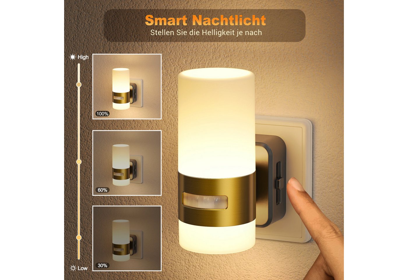 LOHAS-LED LED Nachtlicht Nachtlicht, Dimmbar, Bewegungsmelder, Dämmerungssensor, LED fest integriert, Opalweißer Schirm mit Kupfer-Veredelung, Licht oben & unte – Bild 2 von 5
