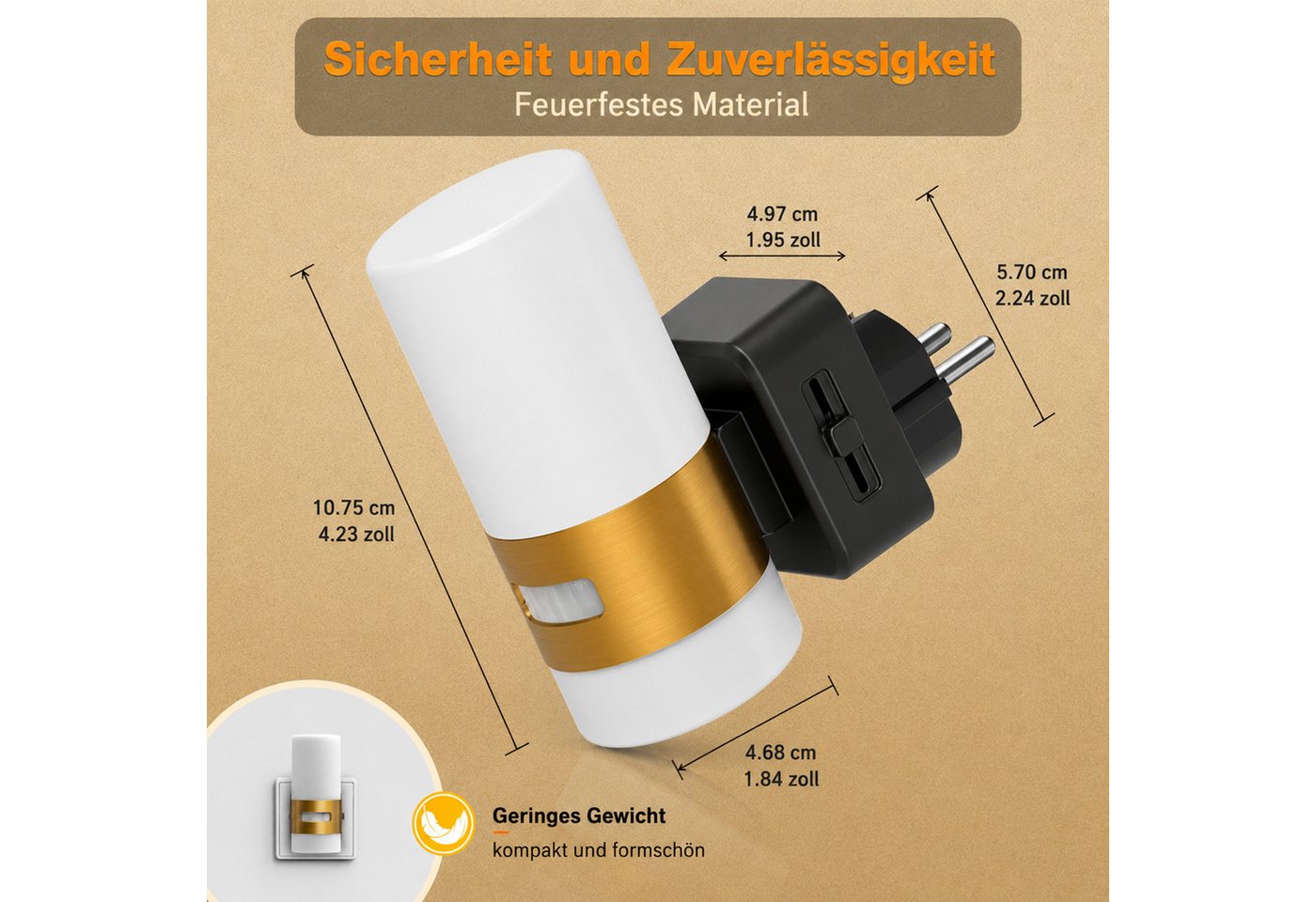 LOHAS-LED LED Nachtlicht Nachtlicht, Dimmbar, Bewegungsmelder, Dämmerungssensor, LED fest integriert, Opalweißer Schirm mit Kupfer-Veredelung, Licht oben & unte – Bild 4 von 5