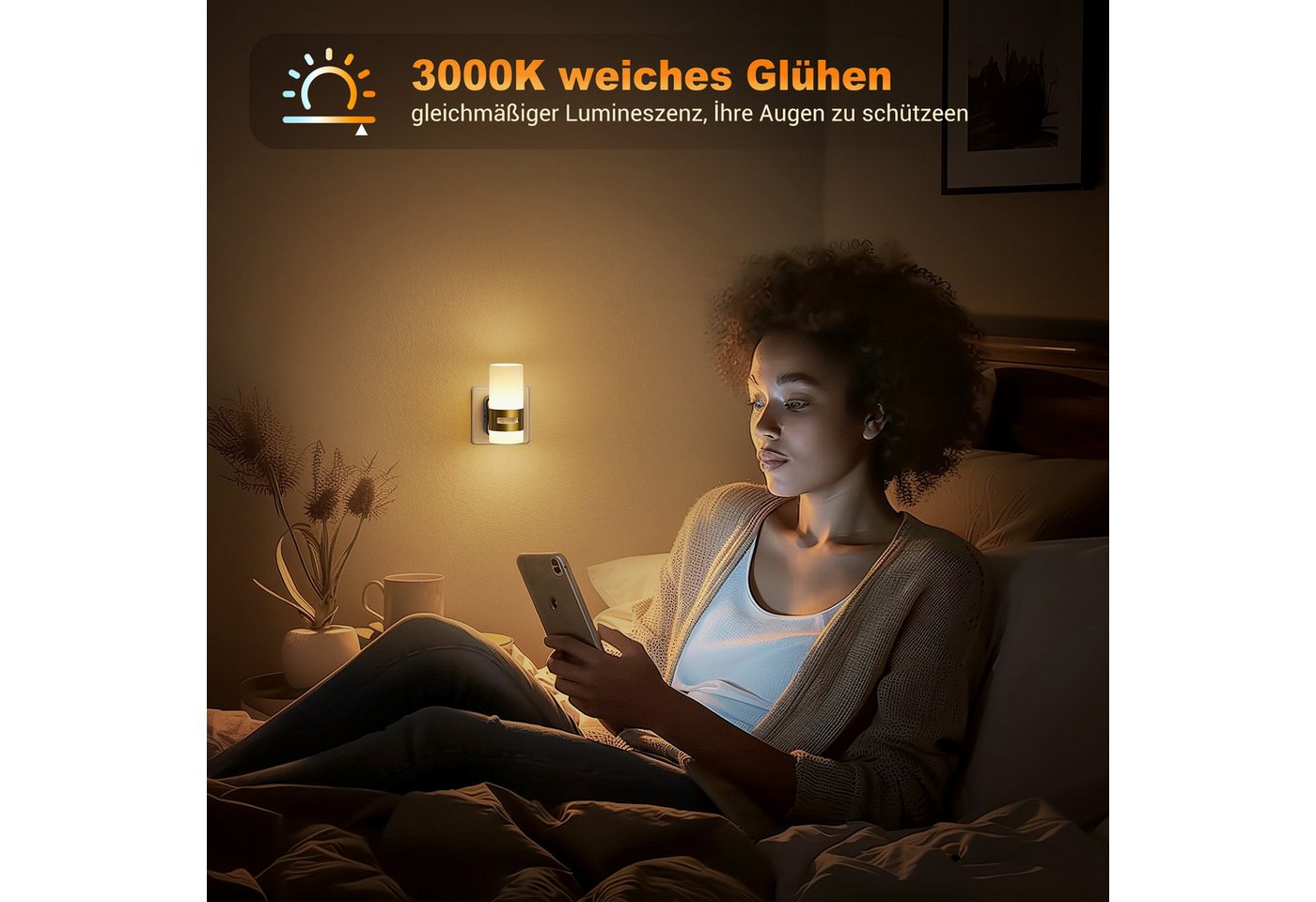 LOHAS-LED LED Nachtlicht Nachtlicht, Dimmbar, Bewegungsmelder, Dämmerungssensor, LED fest integriert, Opalweißer Schirm mit Kupfer-Veredelung, Licht oben & unte – Bild 5 von 5