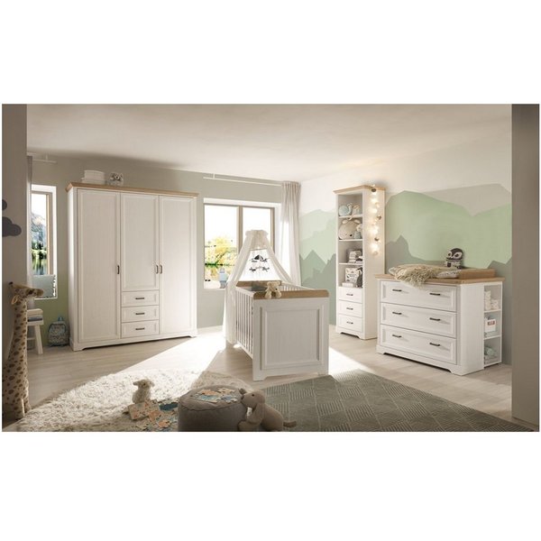 Lomadox Babyzimmer-Komplettset JASPER-78, (4-tlg), Anderson Pine Nb. weiß, Eiche Nb.,Bett, Schrank, Kommode, Standregal