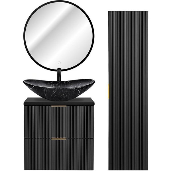 Lomadox Badmöbel-Set ADELAIDE-56-BLACK, (Spar-Set, 3-St), schwarz gerillt 130/200/46,5 cm