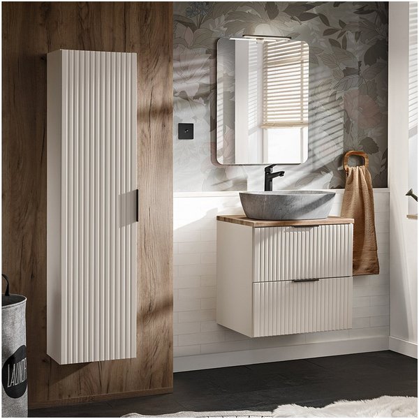 Lomadox Badmöbel-Set ADELAIDE-56-CASHMERE, (Spar-Set, 3-St., Hochschrank Doppelwaschtisch LED-Spiegel Keramikwaschbecken), 60cm Waschtisch mit Aufsatzwaschbecke