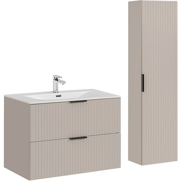 Lomadox Badmöbel-Set ADELAIDE-56-CASHMERE, (Spar-Set, 2-St., Waschtisch Hochschrank Keramikwaschbecken), 80cm Waschtisch, kaschmir mit gerillter Front