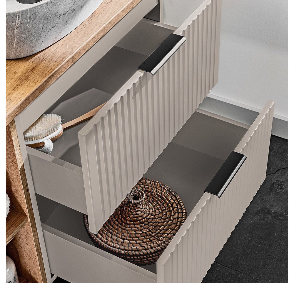 Lomadox Badmöbel-Set ADELAIDE-56-CASHMERE, (Spar-Set, 2-St., Waschtisch Hochschrank Keramikwaschbecken), 80cm Waschtisch, kaschmir mit gerillter Front – Bild 3 von 5
