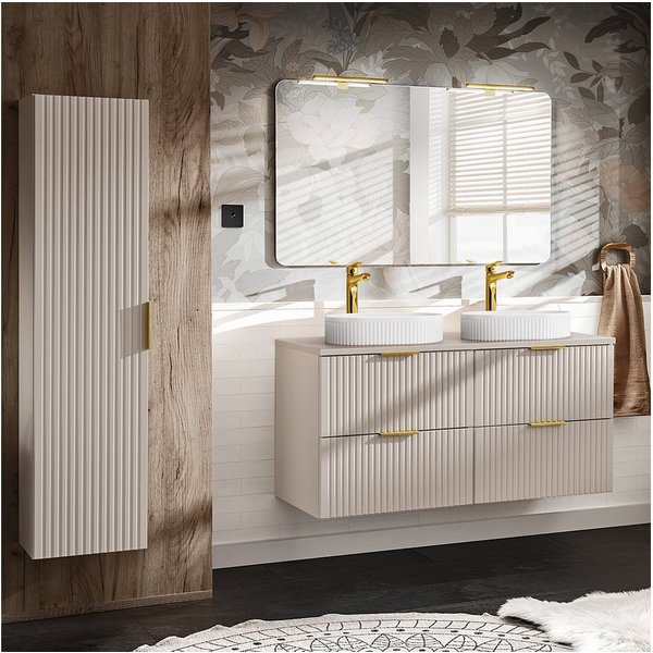 Lomadox Badmöbel-Set ADELAIDE-56-CASHMERE, (Spar-Set, 3-St., Hochschrank Doppelwaschtisch Spiegel Waschbecken Beleuchtung), 120cm Waschtisch mit Aufsatzwaschbec