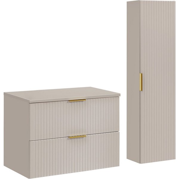 Lomadox Badmöbel-Set ADELAIDE-56-CASHMERE, (Spar-Set, 2-St., Waschtisch Hochschrank), 80cm Waschtisch, kaschmir mit gerillter Front