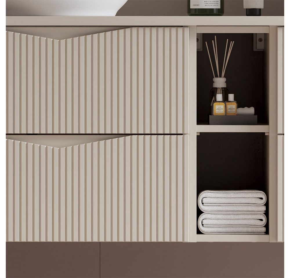 Lomadox Badmöbel-Set CALURI-140, (Spar-Set, 2-St., LED-Spiegel Waschtisch), in beige mit gerillter Front, grifflos, wandhängend – Bild 2 von 5