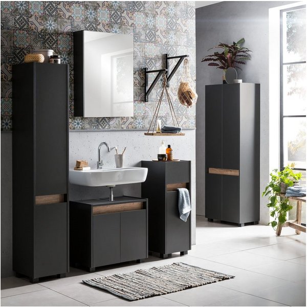 Lomadox Badmöbel-Set Corato, (Spar-Set, 5-St), Unterschrank Hochschrank Midischrank Spiegelschrank anthrazit Eiche