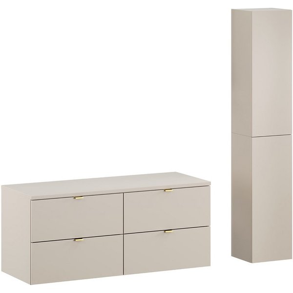 Lomadox Badmöbel-Set DURANGO-56, (Spar-Set, 2-St., Doppel-Waschtischunterschrank Hochschrank), Unterschrank 120cm breit, kaschmir, versch. Griffvarianten