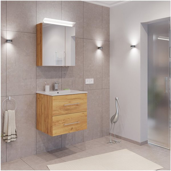 Lomadox Badmöbel-Set HARLINGEN-02, (Spar-Set, 2-St., Waschtisch Spiegelschrank), Eiche Nb., 2 Schubladen, LED Aufsatzleuchte