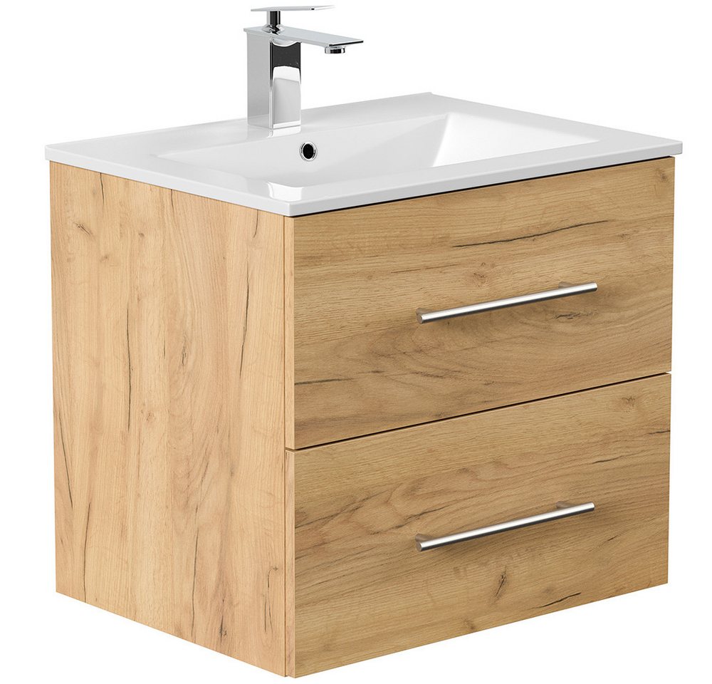 Lomadox Badmöbel-Set HARLINGEN-02, (Spar-Set, 2-St., Waschtisch Spiegelschrank), Eiche Nb., 2 Schubladen, LED Aufsatzleuchte – Bild 3 von 5