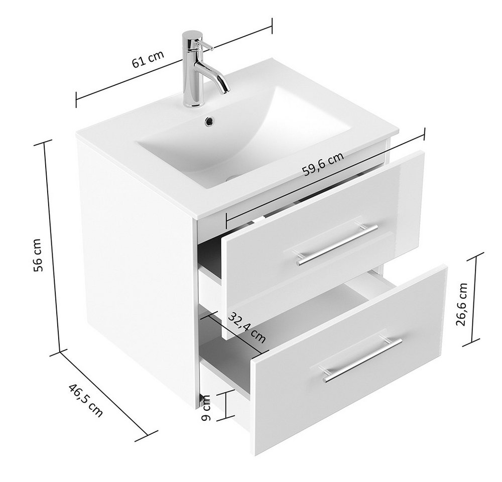 Lomadox Badmöbel-Set HARLINGEN-02, (Spar-Set, 2-St., Waschtisch Spiegelschrank), Eiche Nb., 2 Schubladen, LED Aufsatzleuchte – Bild 4 von 5