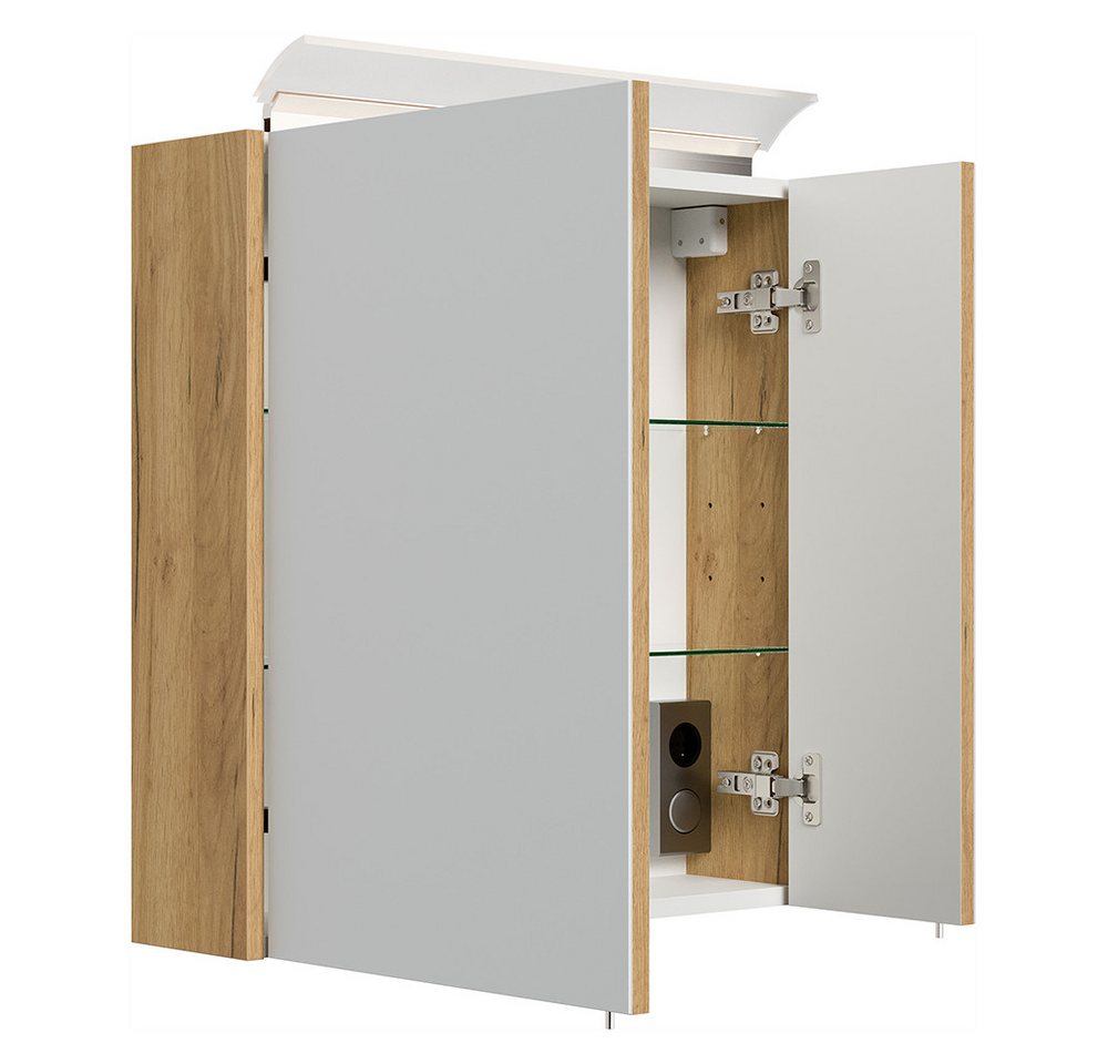 Lomadox Badmöbel-Set HARLINGEN-02, (Spar-Set, 2-St., Waschtisch Spiegelschrank), Eiche Nb., 2 Schubladen, LED Aufsatzleuchte – Bild 5 von 5