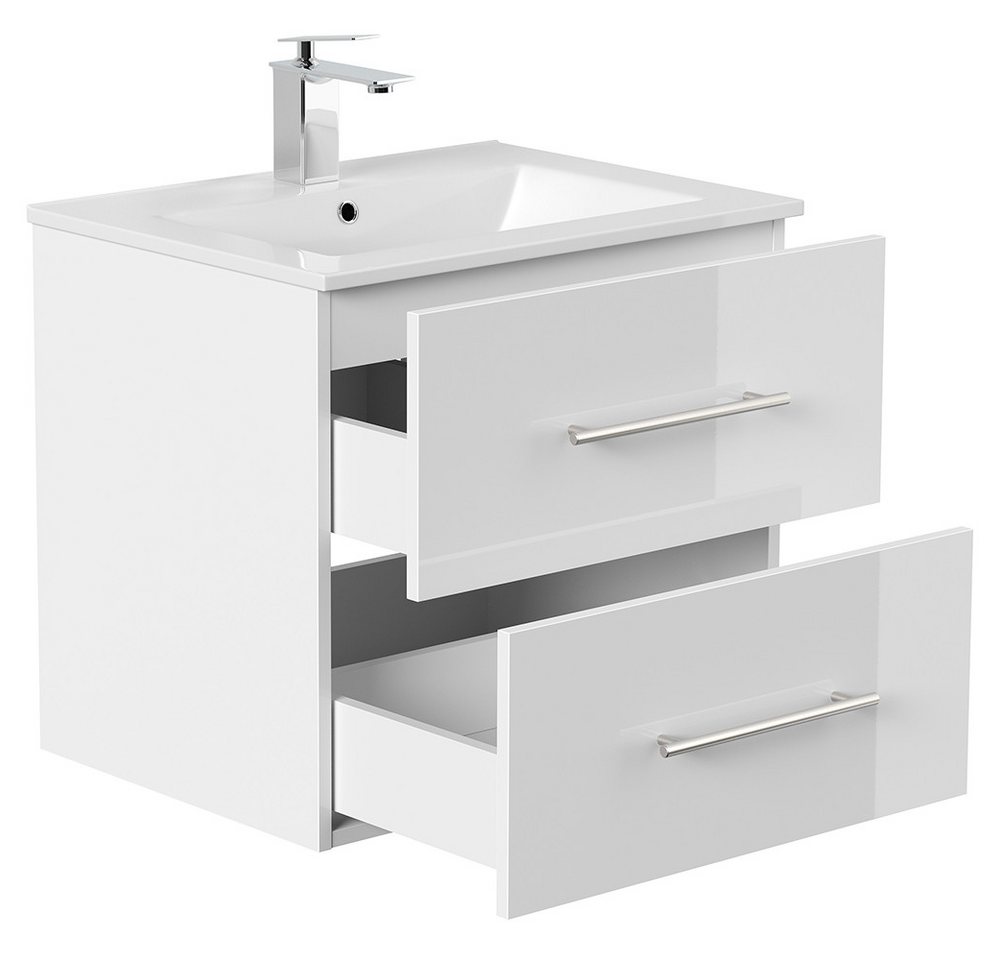 Lomadox Badmöbel-Set HARLINGEN-02, (Spar-Set, 2-St., Waschtisch Spiegelschrank), 60cm breit, Keramikwaschbecken, weiß Hochglanz – Bild 3 von 5