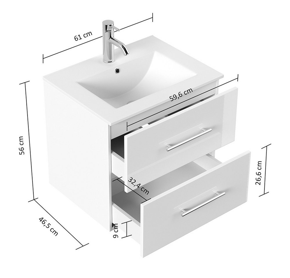 Lomadox Badmöbel-Set HARLINGEN-02, (Spar-Set, 2-St., Waschtisch Spiegelschrank), 60cm breit, Keramikwaschbecken, weiß Hochglanz – Bild 4 von 5