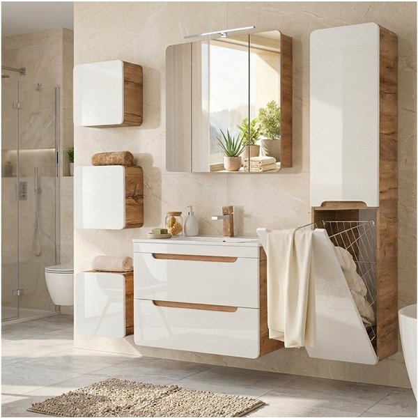 Lomadox Badmöbel-Set LUTON-56, (Spar-Set, 6-St., Hängeschranke Spiegelschrank Waschbecken Waschbeckenschrank), Hochglanz weiß mit Wotan Eiche, Beleuchtung, Wasc