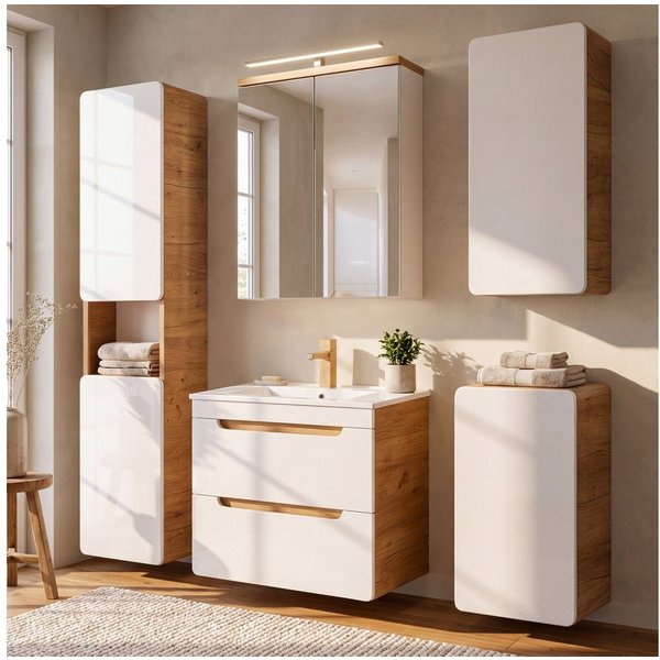 Lomadox Badmöbel-Set LUTON-56, (Spar-Set, 5-St), Hochglanz weiß inkl. 60 cm Keramikwaschtisch B/H/ T 160/200/46 cm