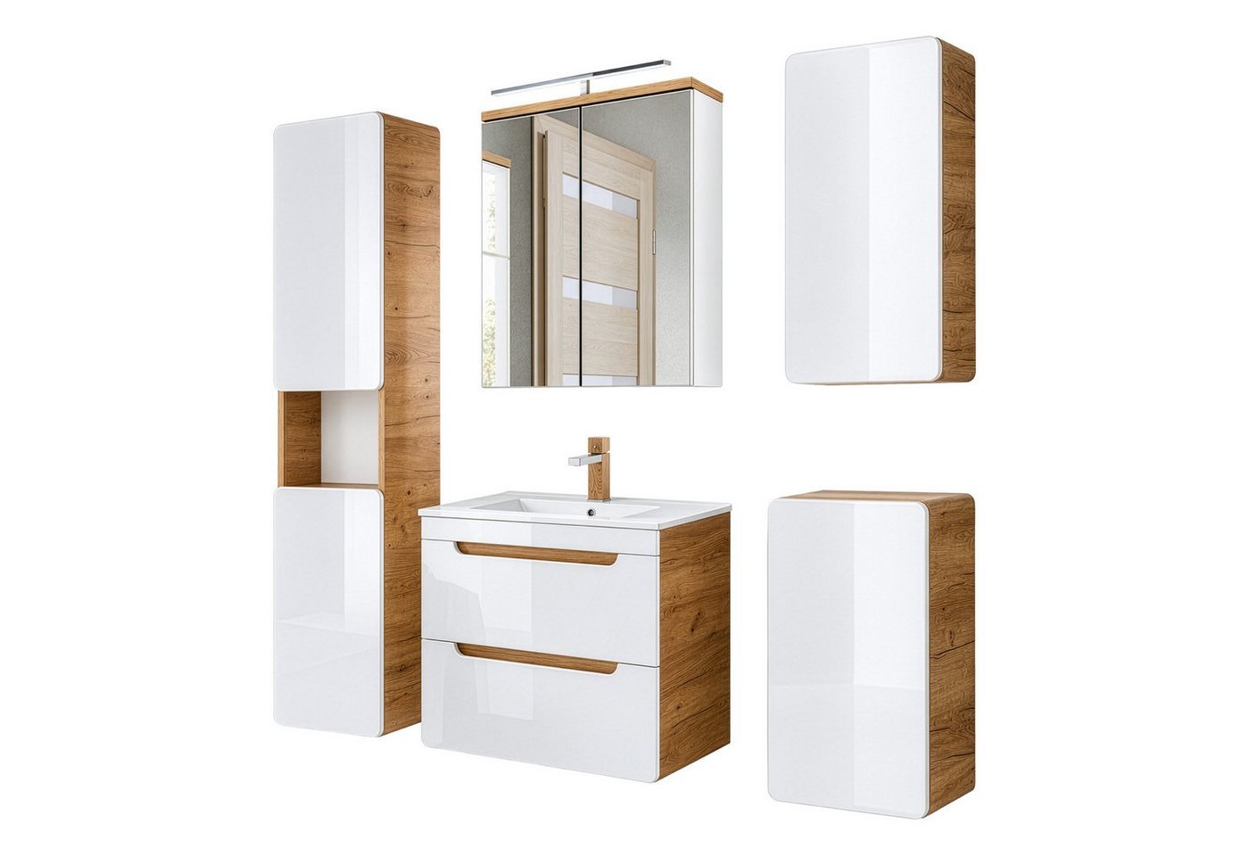 Lomadox Badmöbel-Set LUTON-56, (Spar-Set, 5-St), Hochglanz weiß inkl. 60 cm Keramikwaschtisch B/H/ T 160/200/46 cm – Bild 2 von 5