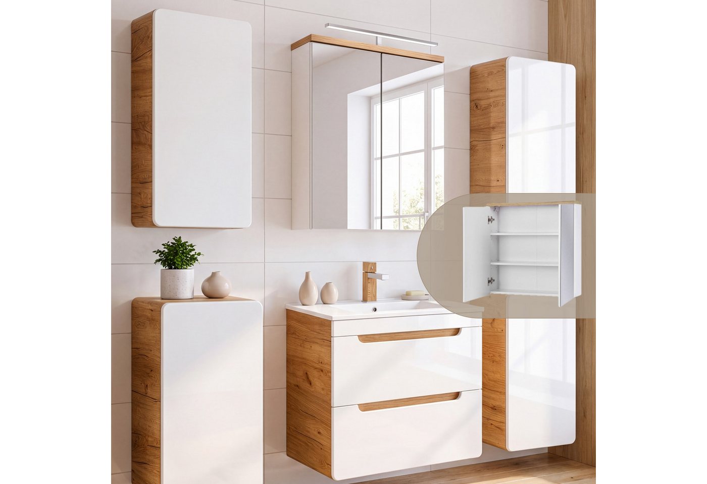 Lomadox Badmöbel-Set LUTON-56, (Spar-Set, 5-St), Hochglanz weiß inkl. 60 cm Keramikwaschtisch B/H/ T 160/200/46 cm – Bild 4 von 5