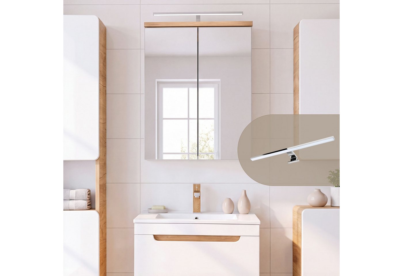 Lomadox Badmöbel-Set LUTON-56, (Spar-Set, 5-St), Hochglanz weiß inkl. 60 cm Keramikwaschtisch B/H/ T 160/200/46 cm – Bild 5 von 5