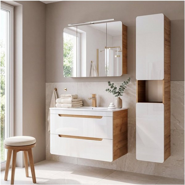 Lomadox Badmöbel-Set LUTON-56, (Spar-Set, 3-St), weiß mit Wotan Eiche Nb. mit LED-Spiegelschrank 130/200/46 cm