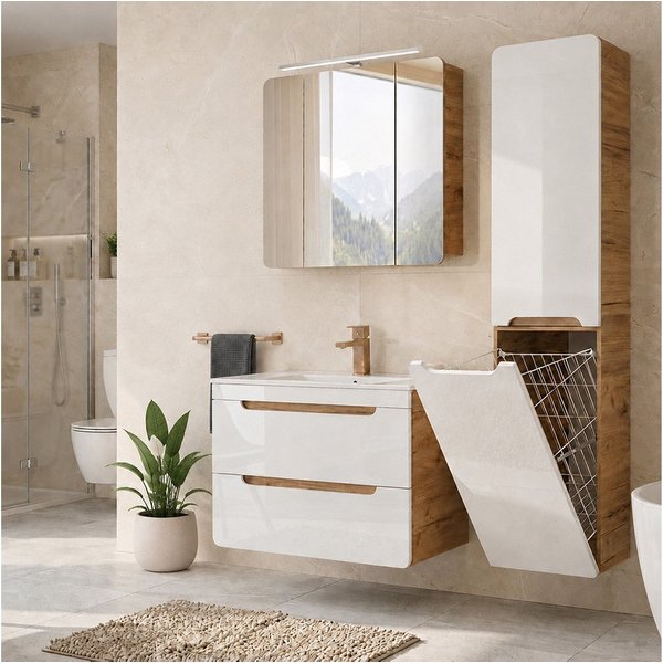 Lomadox Badmöbel-Set LUTON-56, (Spar-Set, 3-St., Hängeschrank Spiegelschrank Waschbecken Waschbeckenschrank), Hochglanz weiß mit Wotan Eiche, LED-Beleuchtung, W