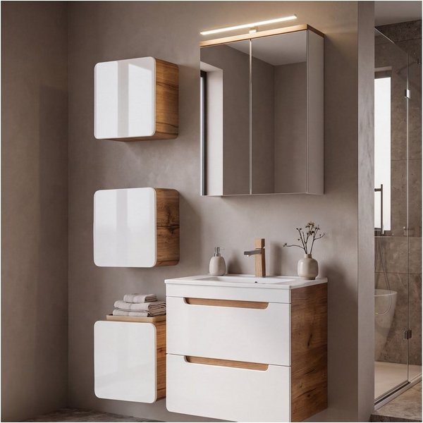 Lomadox Badmöbel-Set LUTON-56, (Spar-Set, 5-St), Eiche 60 cm Waschtisch und Spiegelschrank 110/200/46 cm