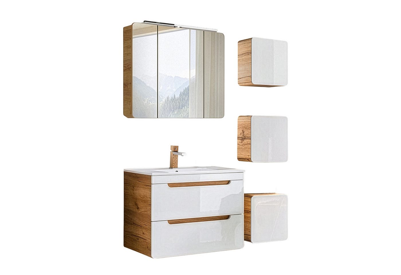 Lomadox Badmöbel-Set LUTON-56, (Spar-Set, 5-St), weiß mit Wotan Eiche Nb. mit LED-Spiegelschrank 130/200/46 cm – Bild 2 von 5