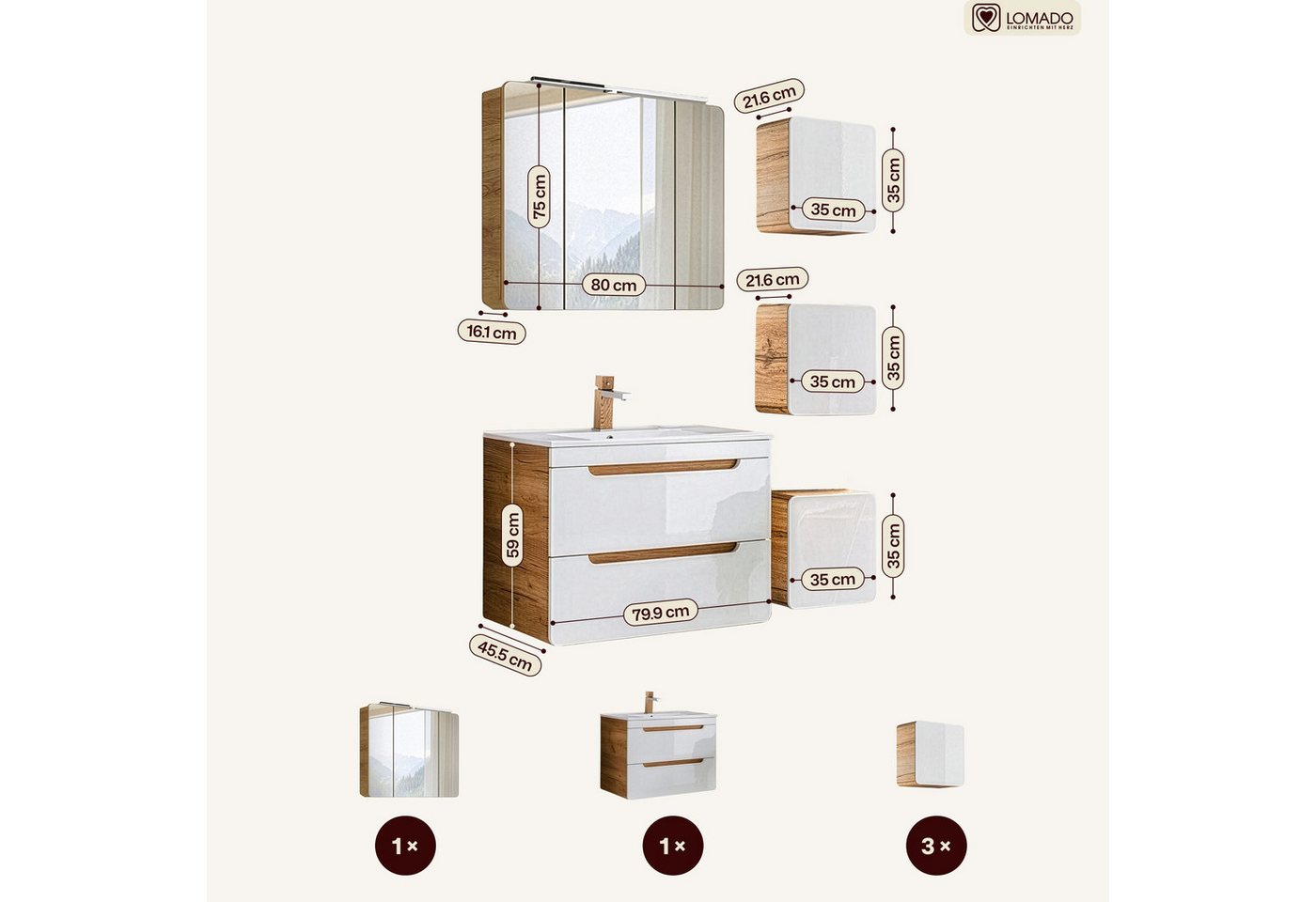Lomadox Badmöbel-Set LUTON-56, (Spar-Set, 5-St), weiß mit Wotan Eiche Nb. mit LED-Spiegelschrank 130/200/46 cm – Bild 3 von 5