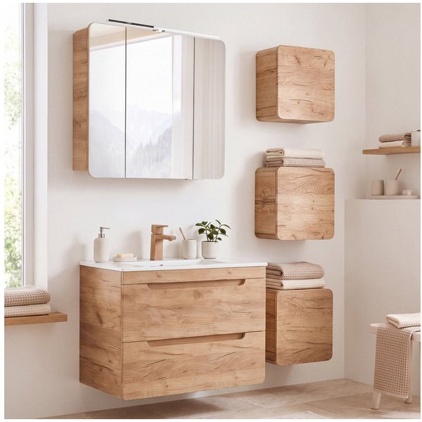 Lomadox Badmöbel-Set LUTON-56-CRAFT, (Spar-Set, 5-St), mit 80 cm Keramik-Waschtisch Wotan Eiche Nb. 130/200/46 cm
