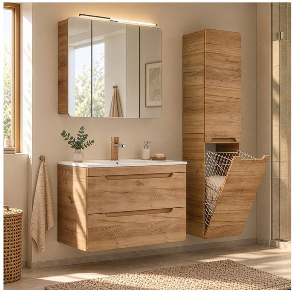 Lomadox Badmöbel-Set LUTON-56-CRAFT, (Spar-Set, 3-St), Waschtischunterschrank Spiegelschrank Hochschrank Becken Wotaneiche