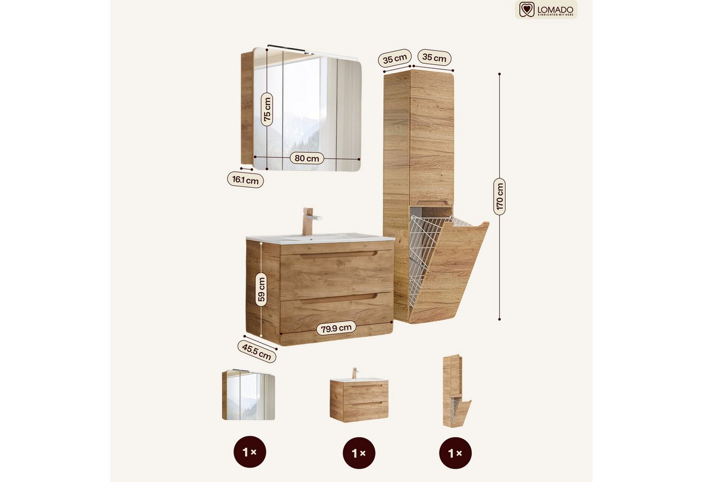 Lomadox Badmöbel-Set LUTON-56-CRAFT, (Spar-Set, 3-St), Waschtischunterschrank Spiegelschrank Hochschrank Becken Wotaneiche – Bild 3 von 5