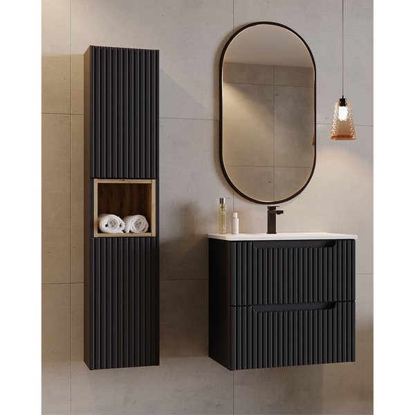 Lomadox Badmöbel-Set NEWPORT-56-BLACK, (Spar-Set, 3-St., Badregal Badspiegel Hochschrank Waschbecken Waschbeckenschrank), Badezimmermöbel in schwarz mit Eiche, 