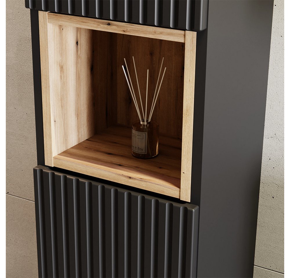 Lomadox Badmöbel-Set NEWPORT-56-BLACK, (Spar-Set, 3-St., Badregal Badspiegel Hochschrank Waschbecken Waschbeckenschrank), Badezimmermöbel in schwarz mit Eiche,  – Bild 2 von 5