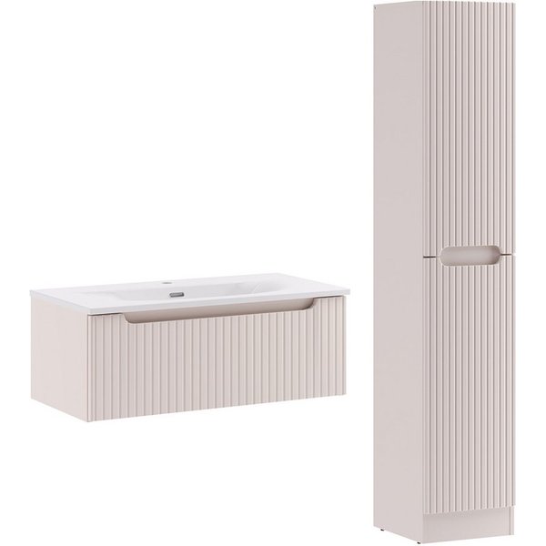 Lomadox Badmöbel-Set NEWPORT-56-CASHMERE, (Spar-Set, 2-St., Waschtisch Hochschrank), in kaschmir, gerillte Front, geringe Tiefe, inkl. Wäschekorb