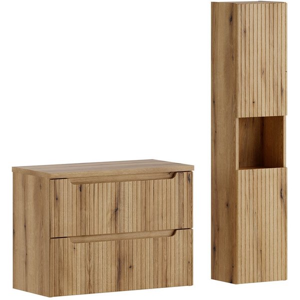 Lomadox Badmöbel-Set NEWPORT-56-EVOKE, (Spar-Set, 2-St., Waschtischunterschrank Hochschrank), in Eiche mit gerillter Front