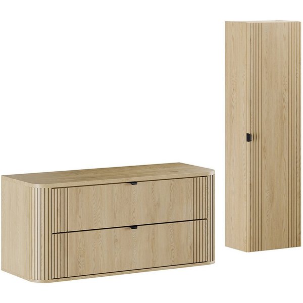 Lomadox Badmöbel-Set OLIVA-56, (Spar-Set, 2-St., Waschtischunterschrank Hochschrank), Eiche Dekor Rillen Metallgriffe Waschtischplatte Softclose