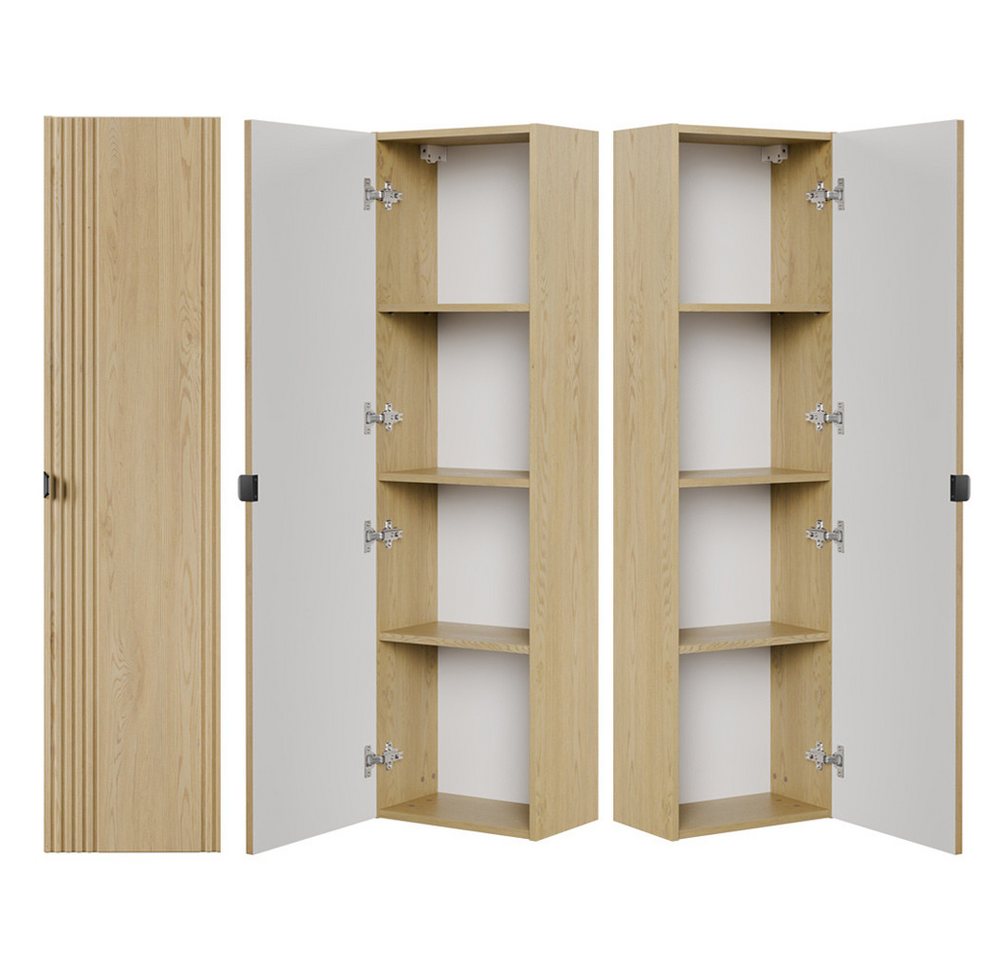 Lomadox Badmöbel-Set OLIVA-56, (Spar-Set, 2-St., Waschtischunterschrank Hochschrank), Eiche Dekor Rillen Metallgriffe Waschtischplatte Softclose – Bild 3 von 5