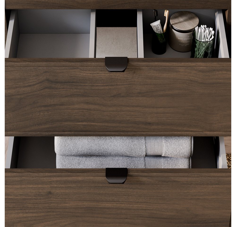Lomadox Badmöbel-Set TEMUCO-56-WALNUT, (Spar-Set, 2-St., Waschtischunterschrank Hochschrank), in Walnuss mit Rahmenfräsung, wandhängend – Bild 2 von 5