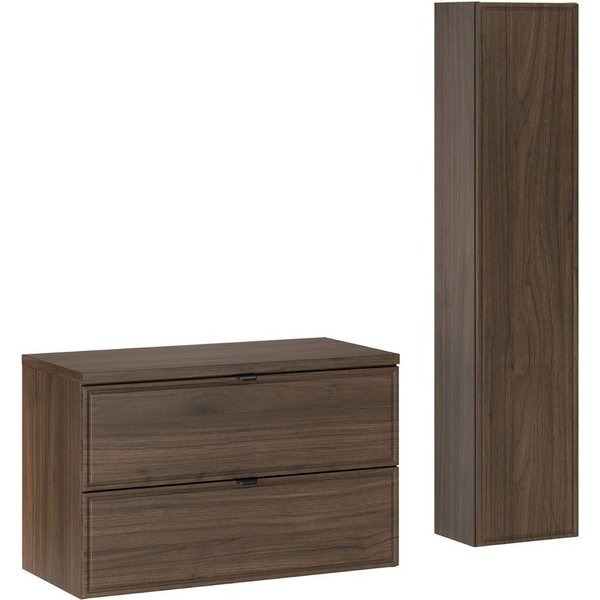 Lomadox Badmöbel-Set TEMUCO-56-WALNUT, (Spar-Set, 2-St., Waschtischunterschrank Hochschrank), in Walnuss mit Rahmenfräsung, wandhängend