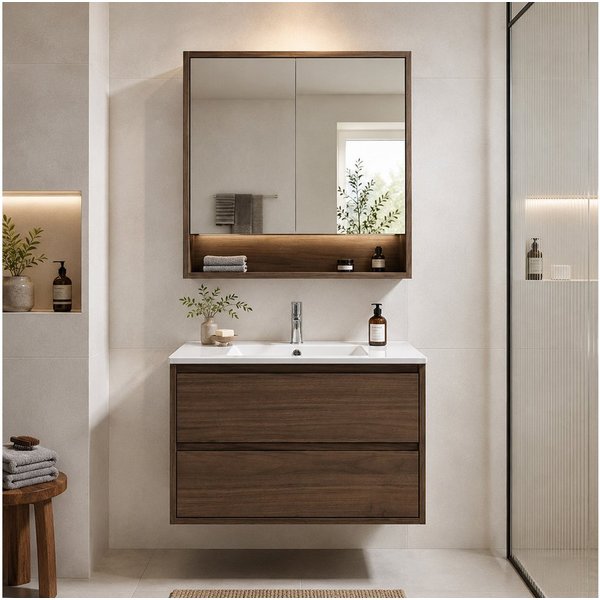 Lomadox Badmöbel-Set VERZUOLO-56-WALNUT, (Spar-Set, 2-St., Spiegelschrank Waschbecken Waschbeckenschrank), in Walnuss, wandhängend, grifflos, LED-Beleuchtung