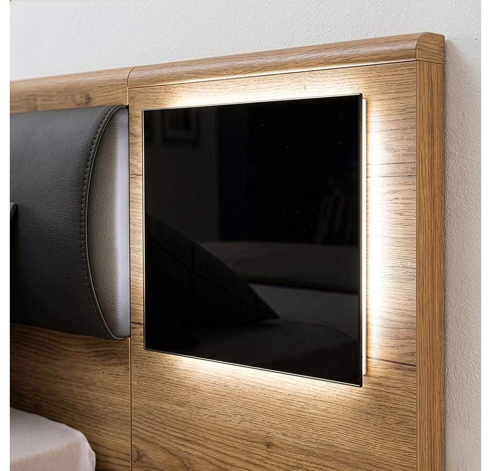 Lomadox Bett VIESTE-43, 180cm, 2 Bettschubladen, 2 Nachttischen, Beleuchtung, graphit/Eiche – Bild 2 von 5