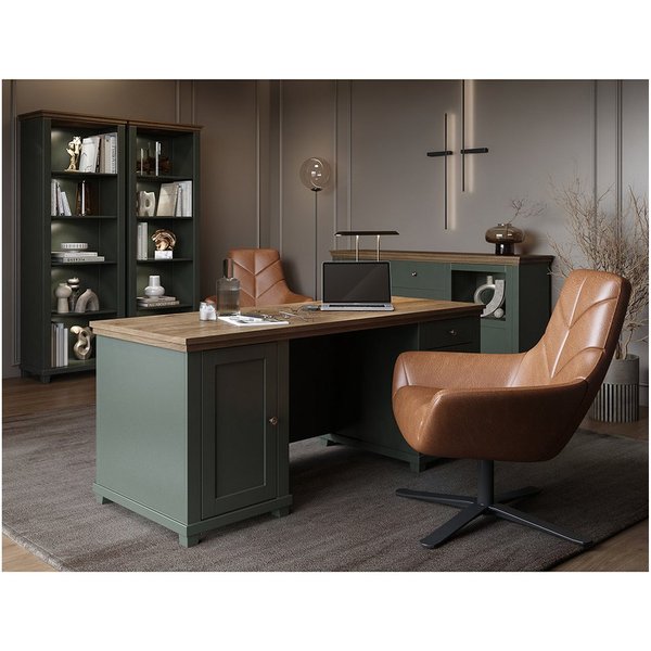 Lomadox Büromöbel-Set EPSOM-83, (Spar-Set, 4-tlg., Schreibtisch Sideboard Aktenregal), in grün mit Lefkas Eiche, Rückwand mit Lamellen Optik, Softclose