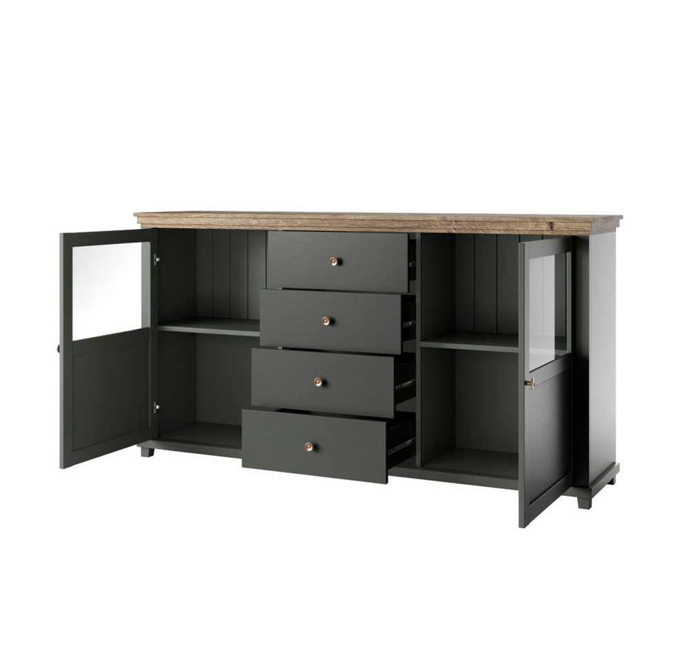 Lomadox Büromöbel-Set EPSOM-83, (Spar-Set, 4-tlg., Schreibtisch Sideboard Aktenregal), in grün mit Lefkas Eiche, Rückwand mit Lamellen Optik, Softclose – Bild 3 von 5