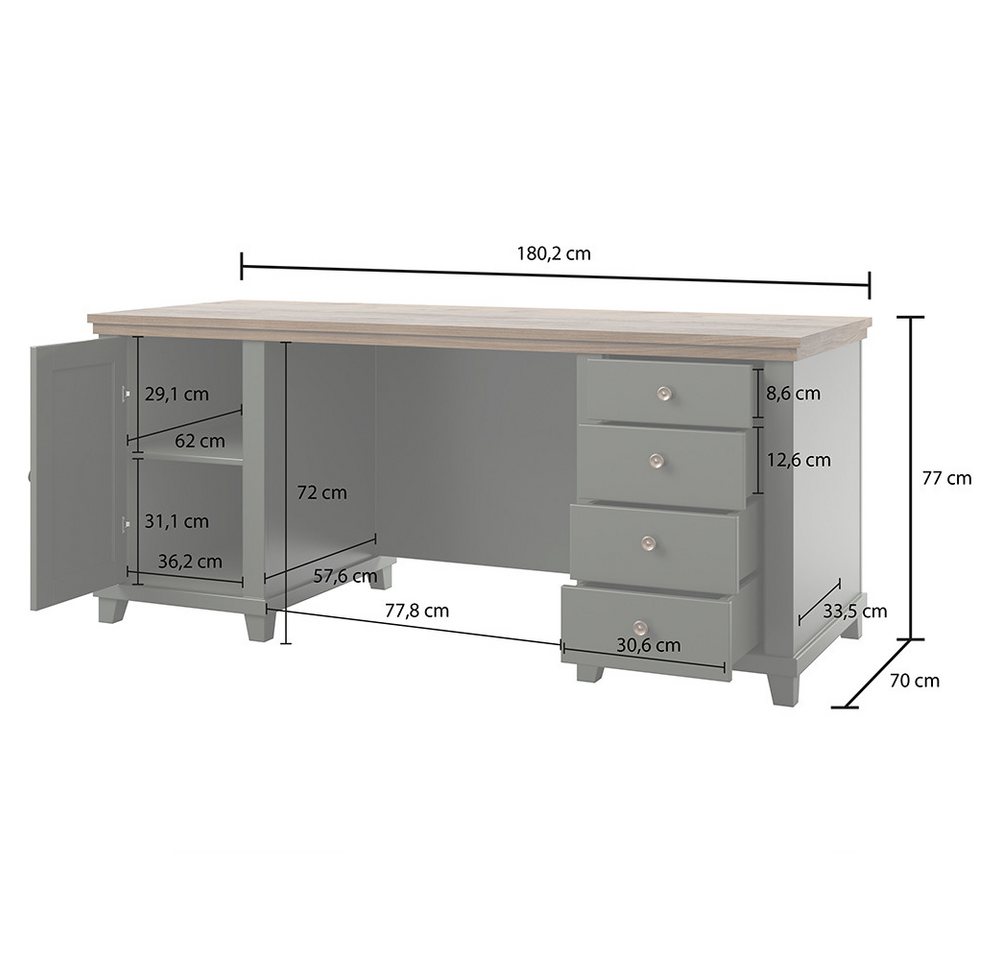 Lomadox Büromöbel-Set EPSOM-83, (Spar-Set, 3-tlg., Schreibtisch Vitrine Aktenregal), in grün mit Eiche, Softclose-Funktion, Rückwand mit Lamellen Optik – Bild 4 von 5