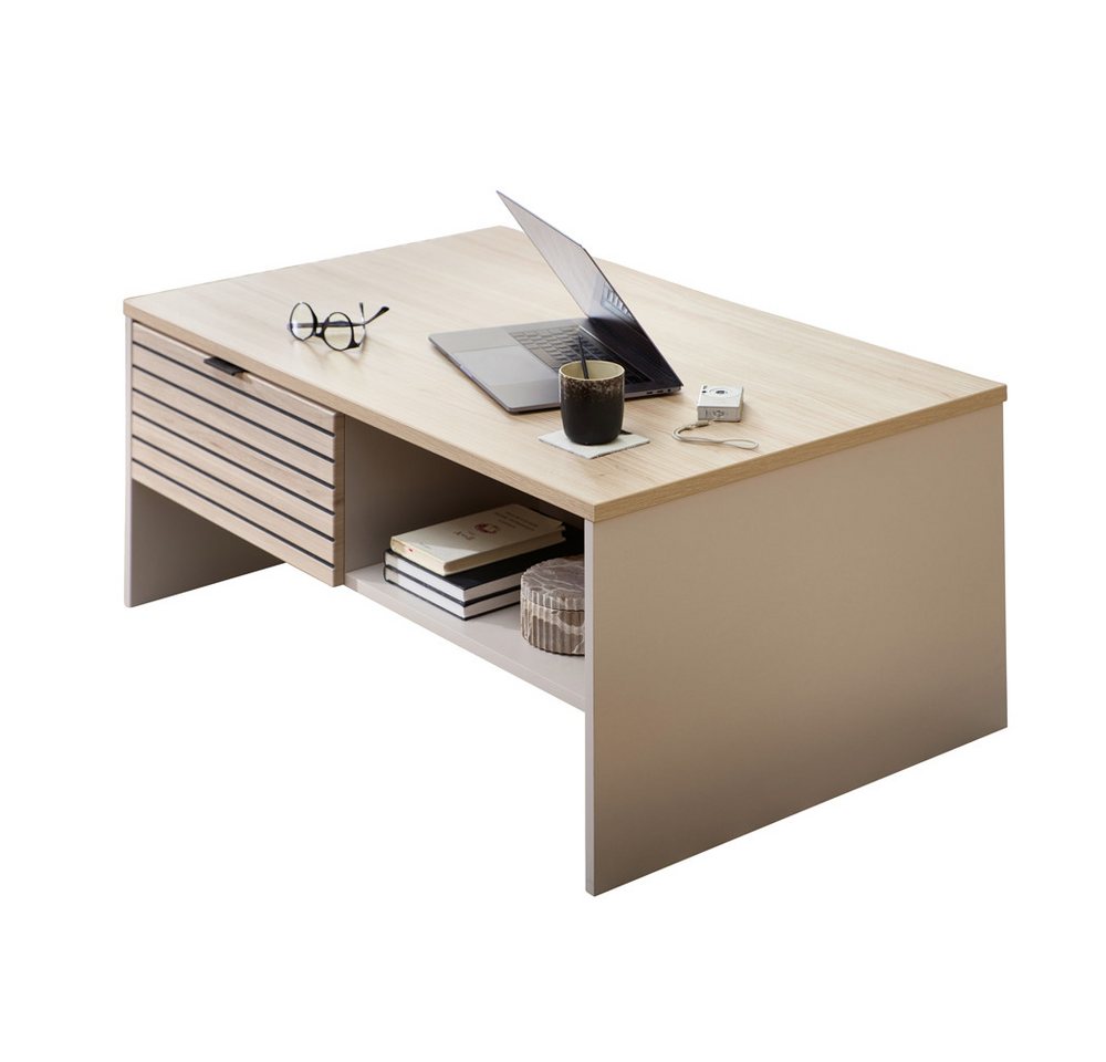Lomadox Couchtisch ISCHIA-36, in Beige mit Eiche, 110 cm breit, Lamellenoptik – Bild 3 von 5