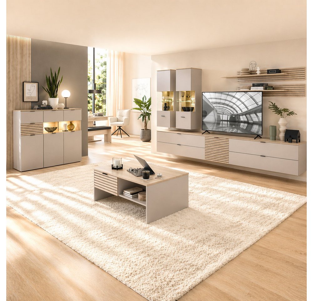 Lomadox Couchtisch ISCHIA-36, in Beige mit Eiche, 110 cm breit, Lamellenoptik – Bild 4 von 5