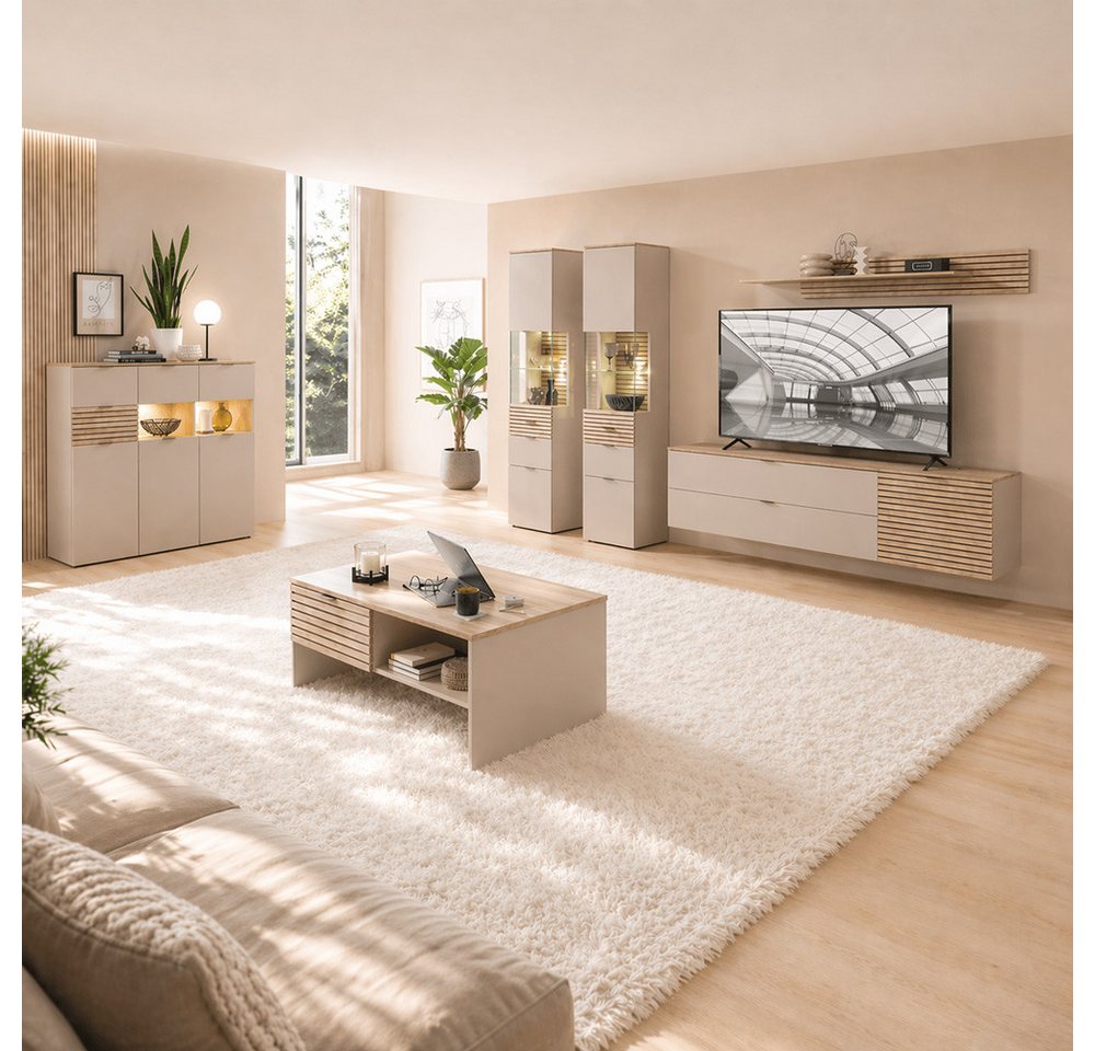 Lomadox Couchtisch ISCHIA-36, in Beige mit Eiche, 110 cm breit, Lamellenoptik – Bild 5 von 5